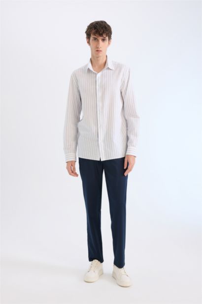 Regular Fit Polo Collar Striped Linen Long Sleeve Shirt