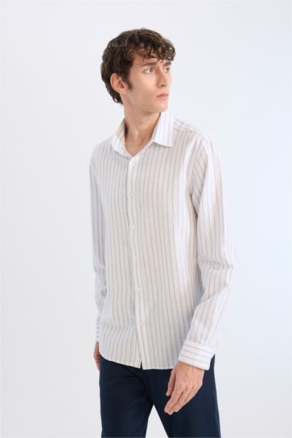 Regular Fit Polo Collar Striped Linen Long Sleeve Shirt
