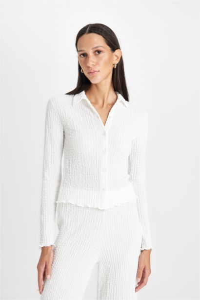 Slim Fit Dar Kesim Polo Yaka Bürümcük Uzun Kollu Tişört