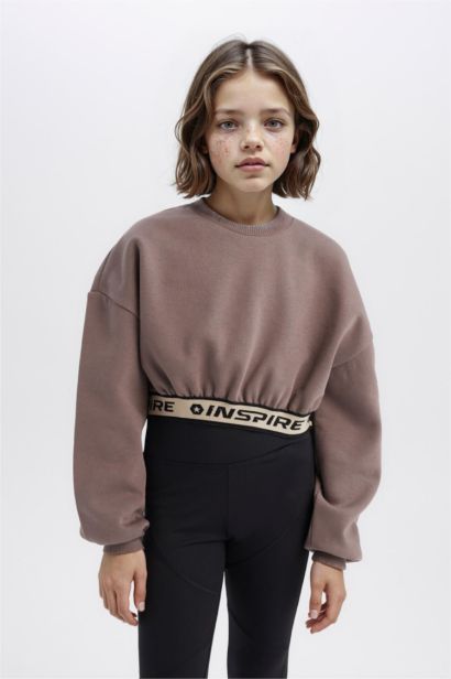 Crop Bisiklet Yaka Baskılı İçi Yumuşak Tüylü Sweatshirt Kız Çocuk