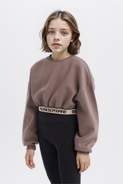 Crop Bisiklet Yaka Baskılı İçi Yumuşak Tüylü Sweatshirt Kız Çocuk