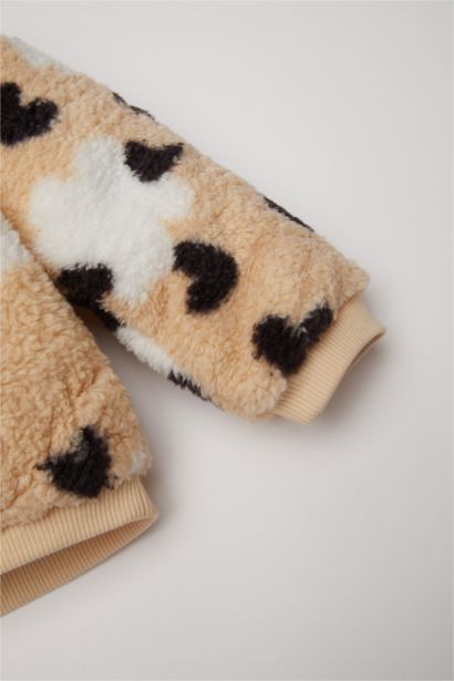 Bisiklet Yaka Kalp Desenli İçi Yumuşak Tüylü Welsoft Pelüş Sweatshirt Kız Bebek