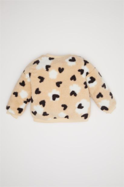 Bisiklet Yaka Kalp Desenli İçi Yumuşak Tüylü Welsoft Pelüş Sweatshirt Kız Bebek