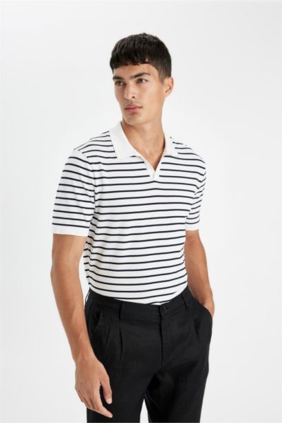 تيشيرت بولو مخطط نص كم تريكو قصة عادية