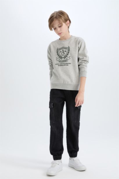 Bisiklet Yaka Baskılı İçi Yumuşak Tüylü Sweatshirt Erkek Çocuk
