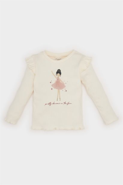 تيشيرت كم طويل مطبوع مضلع قصة عادية برقبة مستديرة للبيبي بنت