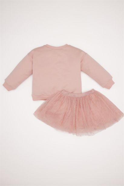 Kız Bebek 2'li Takım Parlak Baskılı Sweatshirt Tütü Etek