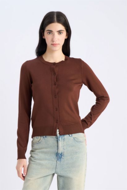 Regular Fit Crew Neck Basic Knit Cardigan