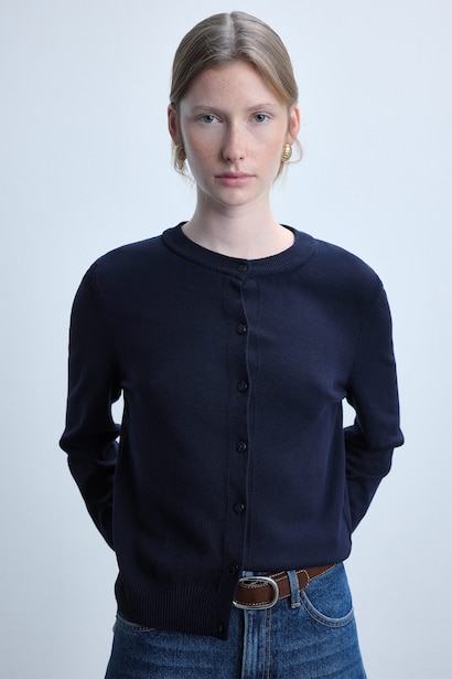Regular Fit Navy Blue Crew Neck Cardigan
