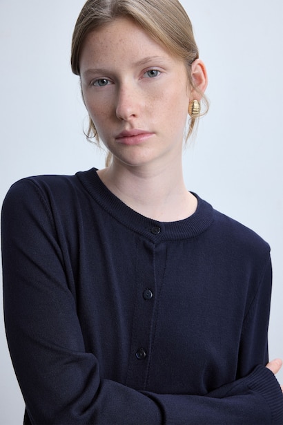 Regular Fit Navy Blue Crew Neck Cardigan
