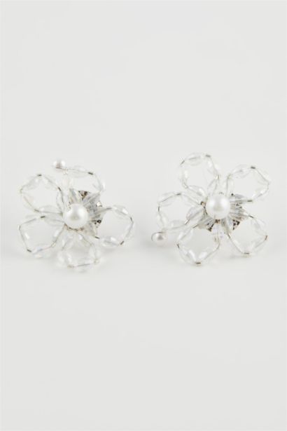 Kadın Çiçek Desenli İncili Silver Küpe