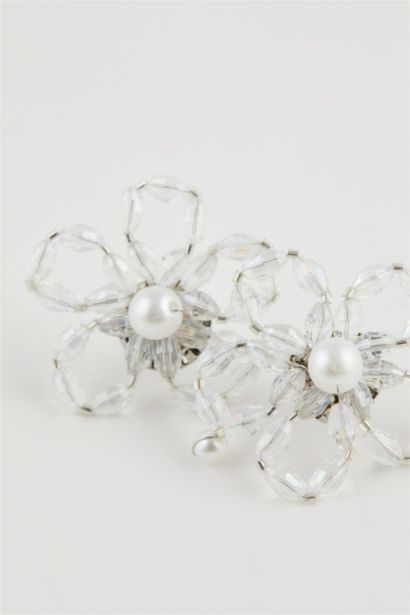 Kadın Çiçek Desenli İncili Silver Küpe