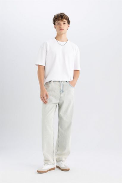 %100 Pamuk Baggy Fit Geniş Kalıp Normal Bel Geniş Paça Jean Pantolon