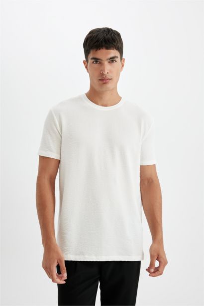 Regular Fit Bisiklet Yaka Kısa Kollu Beyaz Krinkıl Tişört