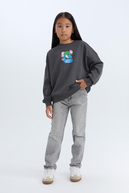 Relax Fit Bisiklet Yaka Baskılı Sweatshirt Kız Çocuk