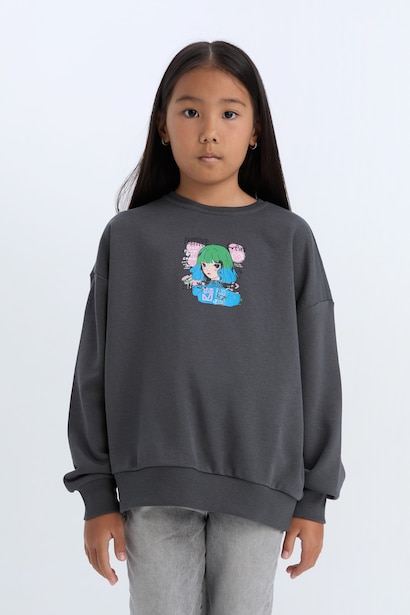 Relax Fit Bisiklet Yaka Baskılı Sweatshirt Kız Çocuk