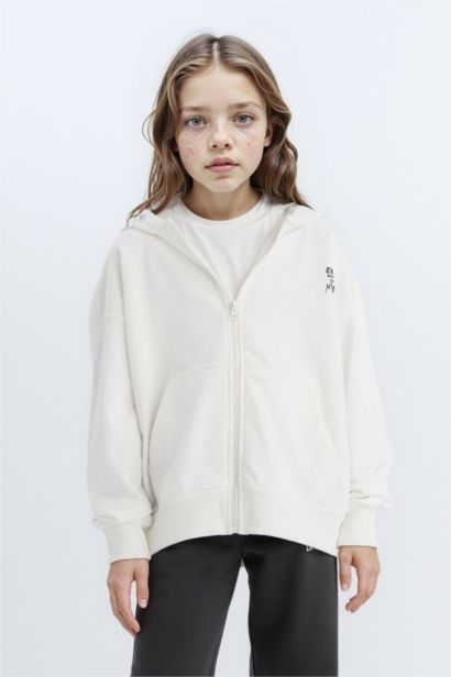 Oversize Geniş Kalıp Kapüşonlu Baskılı Fermuarlı Sweatshirt Kız Çocuk