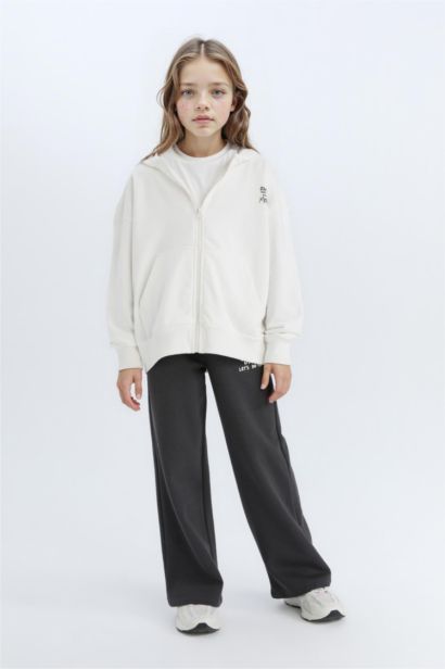 Oversize Geniş Kalıp Kapüşonlu Baskılı Fermuarlı Sweatshirt Kız Çocuk