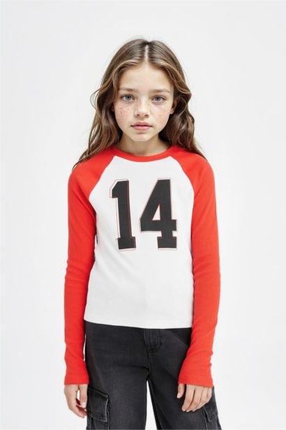 Bisiklet Yaka Baskılı Fitilli Kaşkorse Uzun Kollu Tişört Kız Çocuk