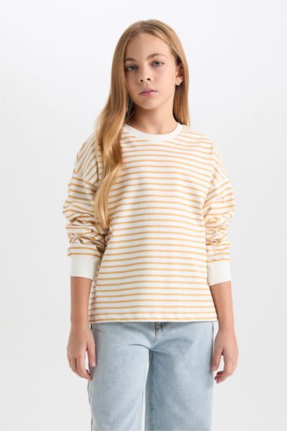 Relax Fit Bisiklet Yaka Çizgili Sweatshirt Kız Çocuk