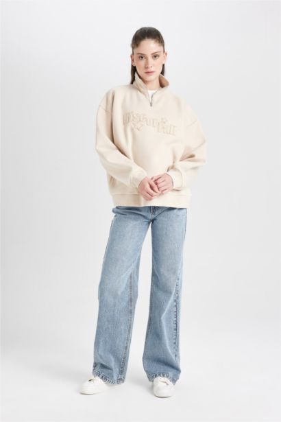 Sweat-shirt ample imprimé à demi-fermeture éclair à manches longues