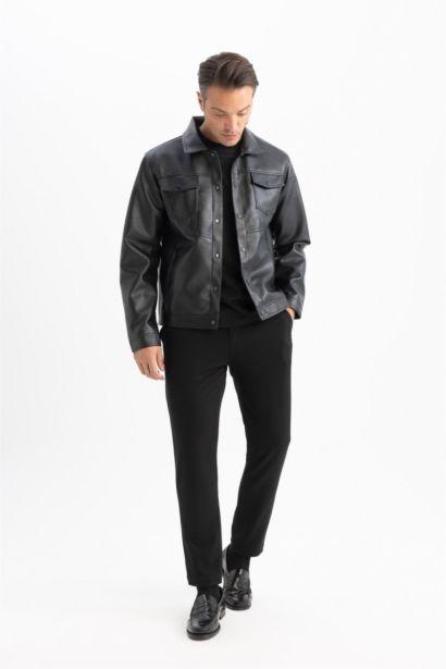 Su Geçirmez Slim Fit Dar Kesim Gömlek Yaka Cepli Çıtçıt Kapamalı Suni Deri Mont