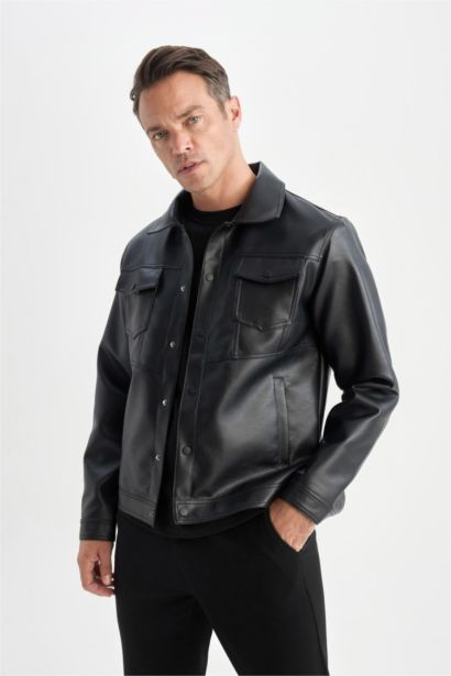 Su Geçirmez Slim Fit Dar Kesim Gömlek Yaka Cepli Çıtçıt Kapamalı Suni Deri Mont