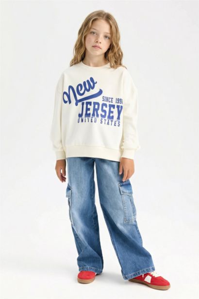 Relax Fit Bisiklet Yaka Baskılı Sweatshirt Kız Çocuk