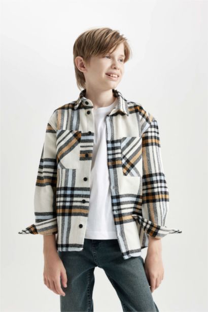 Boy Oversize Fit Flannel Pocket Checked Polo Shirt