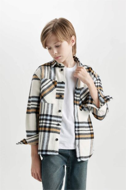 Boy Oversize Fit Flannel Pocket Checked Polo Shirt