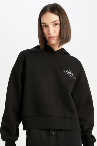 Sweat à capuche casual épais noir et imprimé à Coupe Boxy