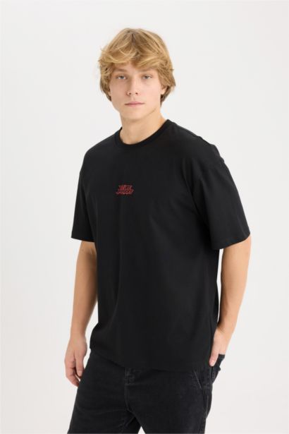 T-shirt boxy en coton imprimé au dos à col rond