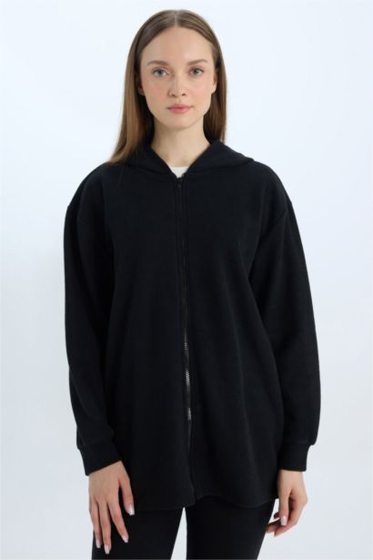 Kapüşonlu Basıc Fermuarlı Cepli Selanik Kumaş Uzun Triko Hırka