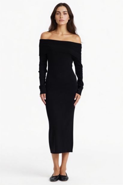 فستان ميدي ردن طويل مضلع مخصر بكتف مكشوف