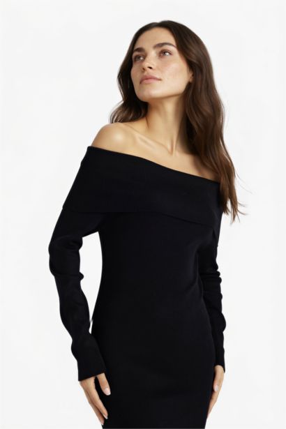 فستان ميدي ردن طويل مضلع مخصر بكتف مكشوف