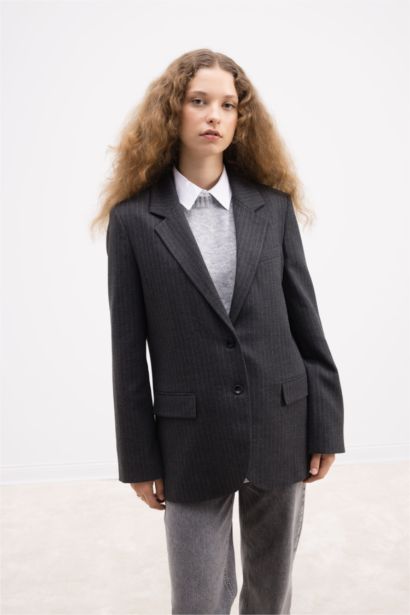 Oversize Geniş Kalıp Ceket Yaka Düğmeli Çizgili Blazer Ceket