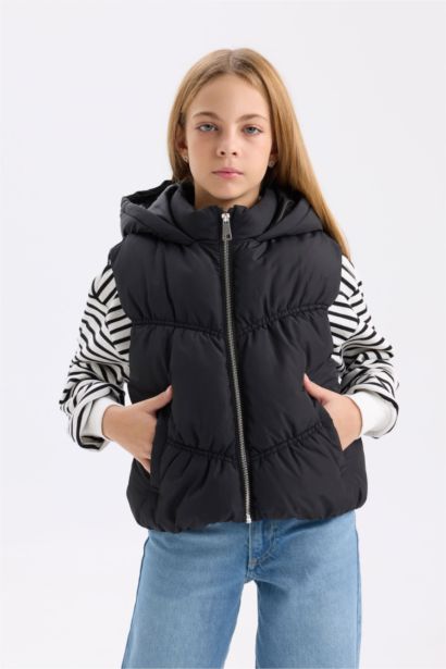 Su Geçirmez Kapüşonlu Fermuarlı Şişme Yelek Kız Çocuk