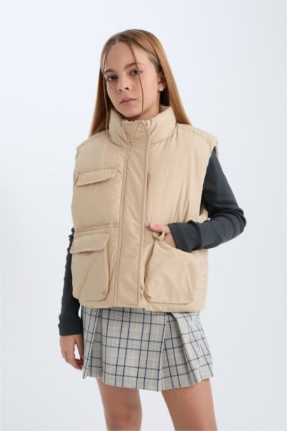 Su Geçirmez Dik Yaka Fermuarlı Cepli Şişme Yelek Kız Çocuk