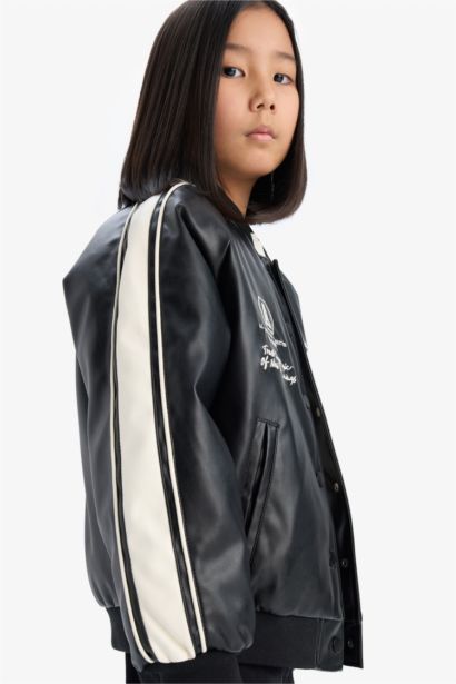 Jacket bomber en simili cuir à col collège pour fille