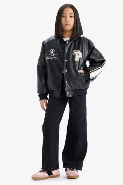 Jacket bomber en simili cuir à col collège pour fille