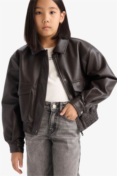 Girl Zippered Double Pocket Faux Leather Waterproof Jacket
