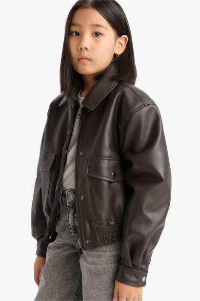 Girl Zippered Double Pocket Faux Leather Waterproof Jacket