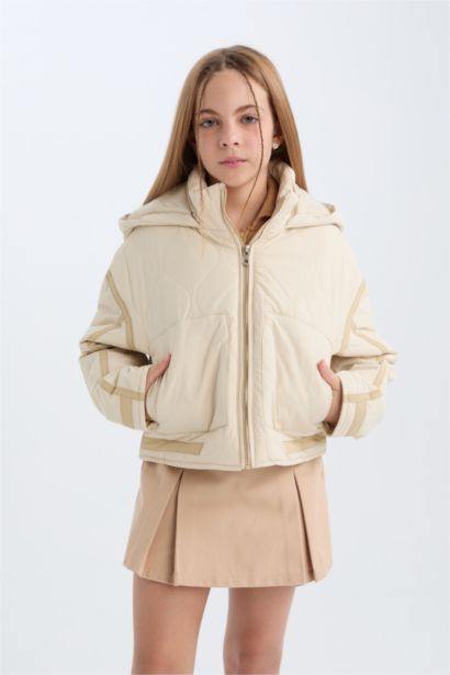 Su Geçirmez Kapüşonlu Fermuarlı Cepli Mont Kız Çocuk