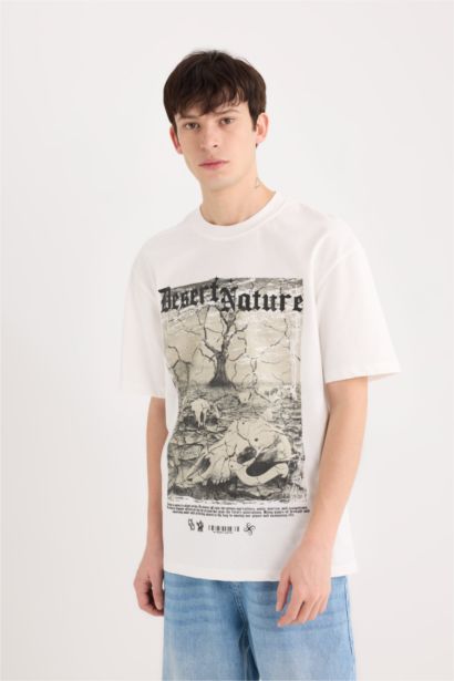 T-shirt boxy en coton imprimé à col rond et manches courtes