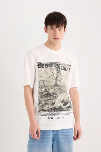 T-shirt boxy en coton imprimé à col rond et manches courtes