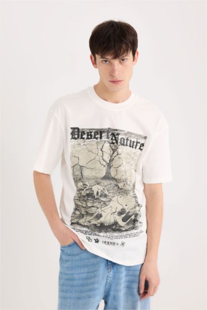 T-shirt boxy en coton imprimé à col rond et manches courtes