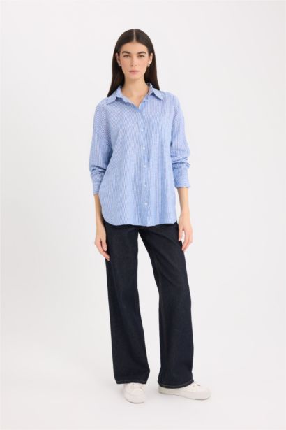 قميص ردن طويل اوفر سايز من مزيج الكتان