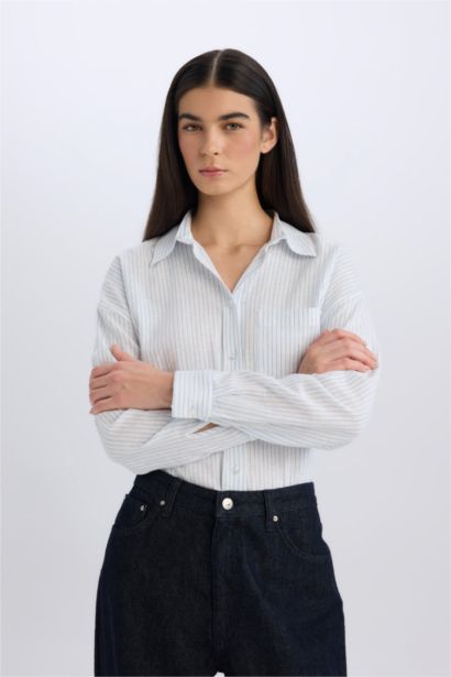 قميص ردن طويل اوفر سايز من مزيج الكتان