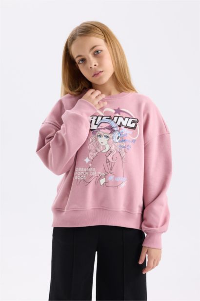 Girl Oversize Fit Crew Neck Animal Patterned Sweatshirt