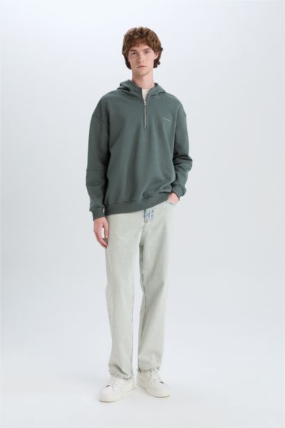 Boxy Fit Kapüşonlu Yarım Fermuarlı Baskılı Sweatshirt